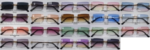 Grid view showing 19 colors of rimless square sunglasses with metal frames and gradient lenses