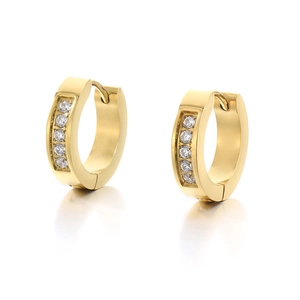 Classic gold titanium steel hoop earrings featuring small inlaid clear cubic zirconia