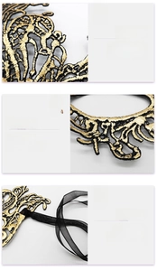 Detailed view of gold-stamped lace mask with intricate patterns and translucent ribbons
