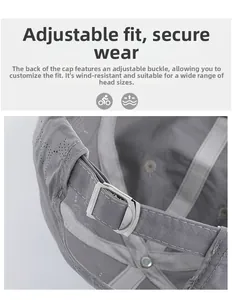 Detail of adjustable metal buckle on grey quick-dry breathable sports cap for men