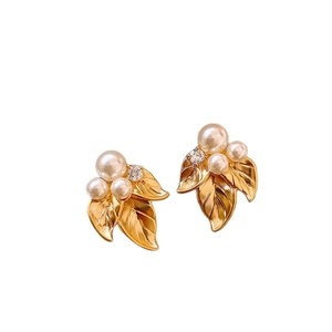 French vintage leaf pearl earrings in gold finish with sparkling zircon for women