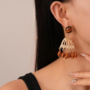 Vintage tiger eye stone tassel earrings with crystals on a side-profile female model