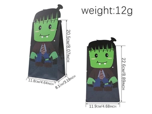 Detailed size comparison of Halloween Frankenstein kraft paper food bags with dimensions