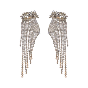 Elegant long fringe tassel earrings for women with rhinestones and silver flower design