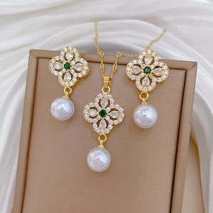 Elegant Four Leaf Clover Necklace And Earrings With Titanium Steel Copper Zirconia Green Stone White Artificial Pearl