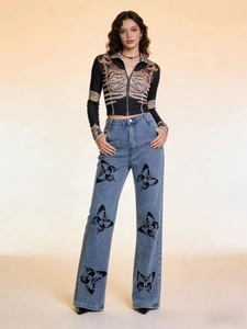 Haut zippé Y2K à motif tigre et jean droit bleu avec imprimés papillon pour femme