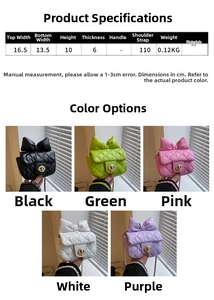 Detailed size chart for quilted bow crossbody bag with specific product measurements