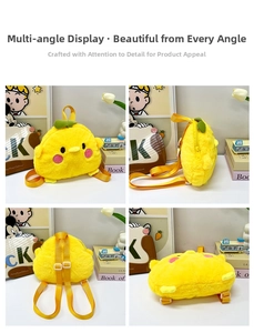 Detailed views of yellow plush duck backpack for kids showing front, side, and back angles