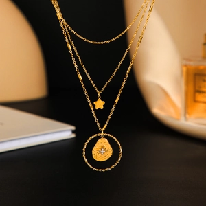 Three-layer 14K gold plated necklace with star charm and cubic zirconia round pendant