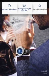 Business quartz watch with blue sunray dial and steel strap shown in a luxury setting