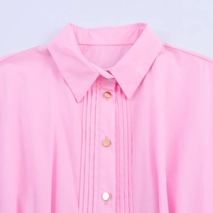 Pink women's poplin midi shirt dress with elegant pintuck details and gold buttons