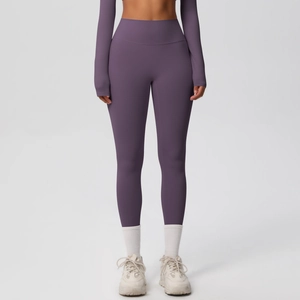 Front view of purple high waist yoga leggings and long sleeve crop top set
