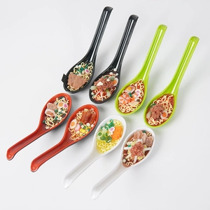 8-piece realistic beef ramen noodle models set in colorful soup spoons on white background