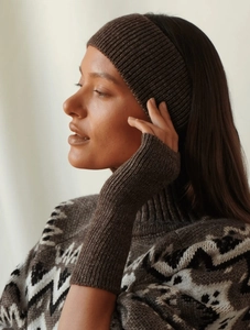 Detail of dark brown knit headband and matching arm warmers with Fair Isle pattern sweater