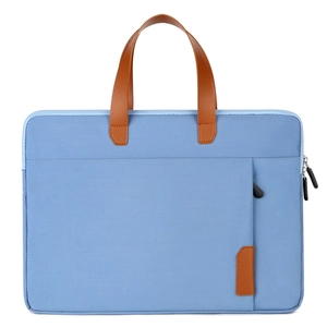 Hemelblauwe 14 inch laptoptas met bruine lederen handgrepen en waterdichte stof
