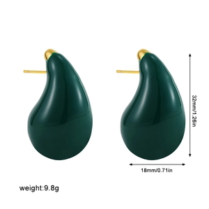 Detail view of green enamel teardrop earrings with dimensions and weight specifications
