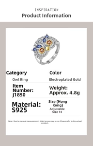 Macro shot of S925 sterling silver owl ring with detailed blue zircon eyes and gold plating