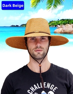 Détail du chapeau de soleil beige avec large bord et mentonnière réglable pour l'extérieur