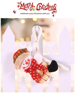 Charming snowman Christmas ornament with red plaid details hanging on a white fence