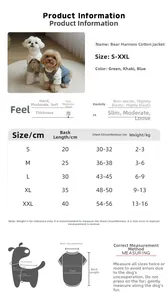 Size chart detail for pet winter overall cotton coat showing back length and chest girth