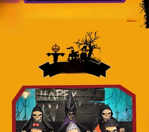 Close-up of Halloween motion sensor control on animated witch fruit bowl decoration