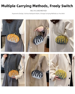 Detail showing pumpkin shaped evening bag with sequin patterns and metal chain