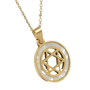 Elegant gold stainless steel necklace with round mother of pearl star of David pendant