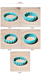 Detail showcasing turquoise stretch bracelets in various shapes like heart and oval