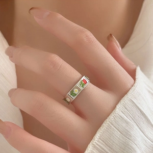 S925 sterling silver wide band ring featuring daisy and rose floral enamel patterns