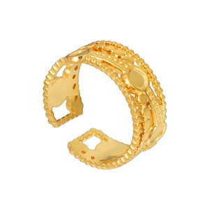 Macro view of gold geometric hollow pattern on adjustable stainless steel ring