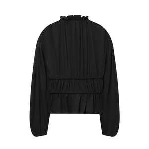 Schwarze Georgette-Damenbluse mit Rüschenkragen und geraffter Taille, Rückansicht