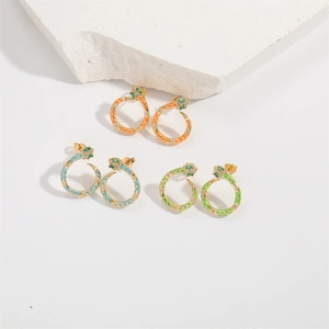 Snake hoop earrings in gold with colorful enamel and zircon stones in orange blue green