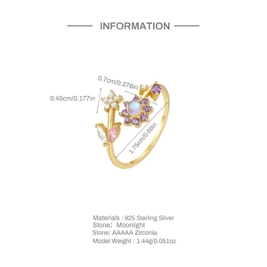 Detailed size chart of S925 sterling silver butterfly ring with colorful zircons