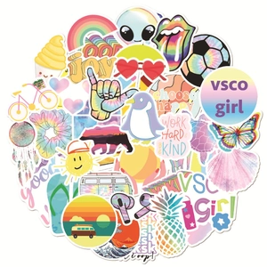 Variety pack of 50 VSCO girl style waterproof vinyl stickers for laptops and suitcases