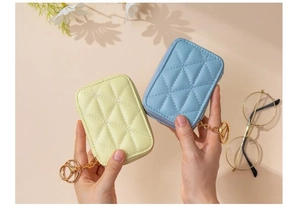 Close-up of quilted faux leather cosmetic pouches with zippers in blue and yellow