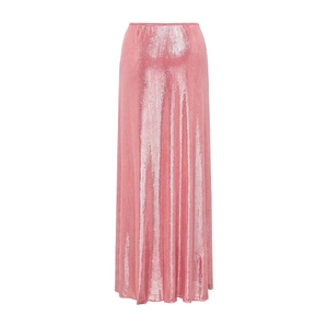 Detail of pink high-waisted skirt with metallic glossy finish and elegant drape