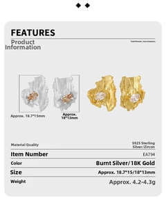 Detailed view of S925 silver irregular zircon earrings with natural bark texture finish