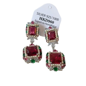 Luxurious 925 silver bohemian flower earrings with large red gemstones and zircons