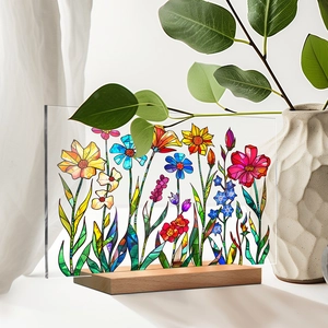 Close-up of a floral acrylic table ornament with a solid natural wooden base