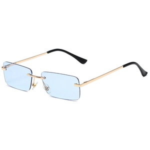 Retro rimless rectangular sunglasses with light blue lenses and gold metal frames