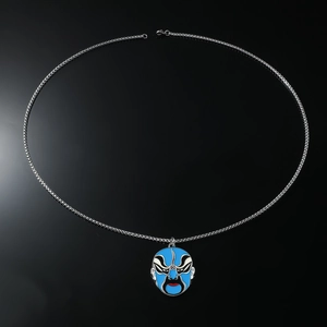 Punk style necklace featuring a blue Beijing Opera face mask pendant on a silver metal chain