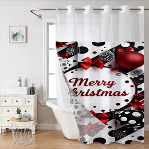 Christmas shower curtain with Merry Christmas text and red baubles in a modern bathroom
