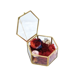 Modern hexagonal glass jewelry box with gold frame and decorative eternal flowers