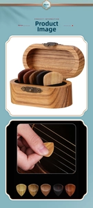 Detail showing five assorted wooden guitar picks and a vintage wooden storage box