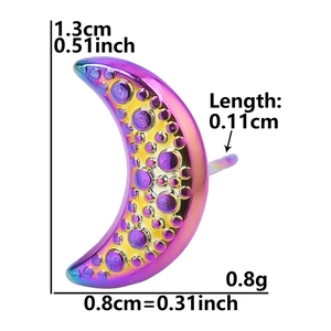 Macro detail of moon stud earring in purple gradient steel with size dimensions