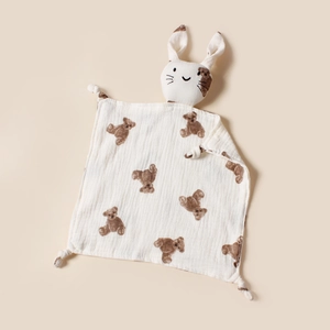 Doudou bébé en mousseline de coton double couche avec imprimés d'ours et tête de lapin