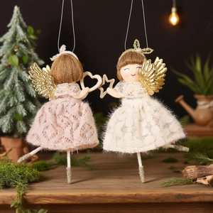 Pink and white ballet angel girl Christmas tree hanging ornaments with golden glitter wings