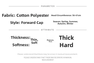 Size specifications for cotton-polyester flat cap showing head circumference 56-61cm