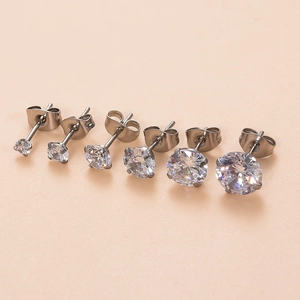 Classic 4-prong round cubic zirconia stainless steel stud earrings in set of six sizes