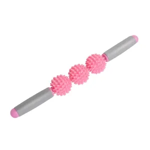 Three-ball spiked massage roller with anti-slip handles for deep tissue muscle recovery
